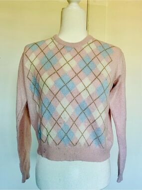 Brandy Melville Pink Argyle Knit Sweater with Blue & Cream Accents